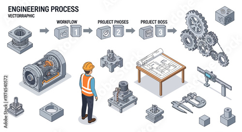 Isometric vector illustration of an engineering workflow process, featuring a worker inspecting machinery and a blueprint, rendered in a clean, minimalist 3D design with a focus
