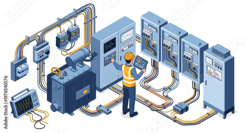 Isometric illustration of a worker in a hardhat using a tablet for factory automation engineering, displaying a detailed design of industrial machines with a connected chart in a technical