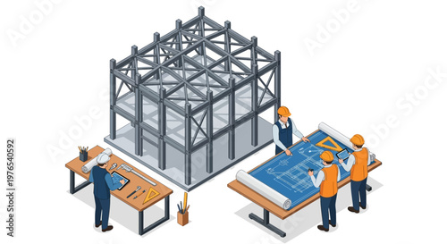 Isometric illustration depicting engineers examining a blueprint and using tools at a desk near a steel framework in a factory setting, presented with a clean, modern design