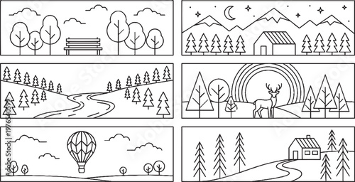 nature mountain vector illustration set in outline  style with village houses trees, park ,deer, cloud, moon and vintage landscape design