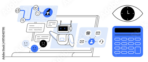 AI integration, customer support, tech automation, online services, data analysis, accessibility. Features chatbot, user interface and digital tools. AI integration and customer support concept