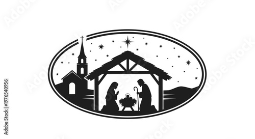 Nativity scene silhouette with church.