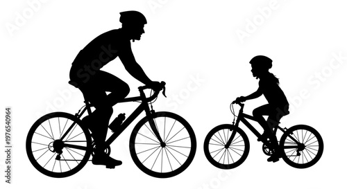 Man and child riding bicycles together.