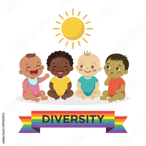 Four diverse babies sitting under the sun with rainbow ribbon