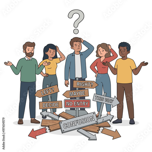 Diverse group of people at a crossroads with signs indicating choices