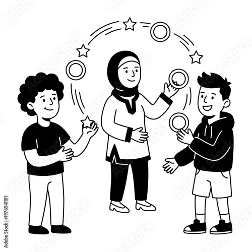 Muslim woman in hijab juggling rings and stars while two boys watch, black and white vector illustration.