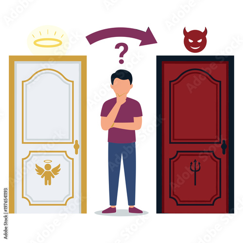 Man choosing between angel and devil doors, dilemma concept