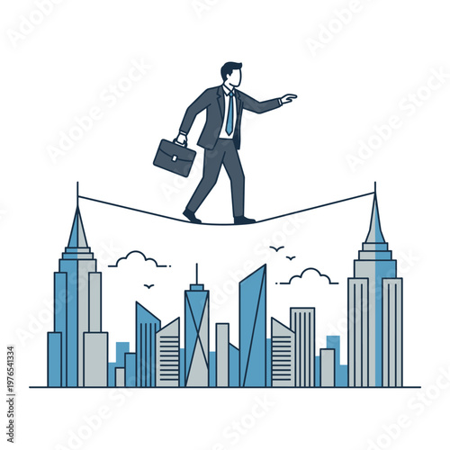 Businessman balancing with briefcase over city skyline on tightrope