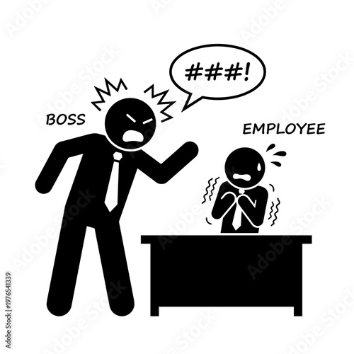 Angry boss yelling at scared employee, workplace conflict concept