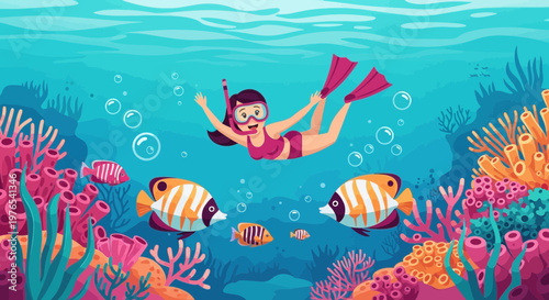 Young Woman Snorkeling Underwater Coral Reef Adventure.