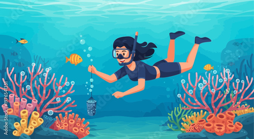 Young woman snorkeling underwater exploring coral reef.