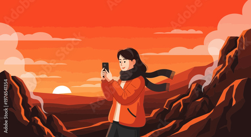 Young woman taking photo with smartphone in scenic landscape.