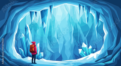 Adventurer exploring a vast glowing ice cave.