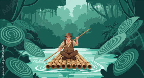 Adventurer Navigating River on Bamboo Raft.