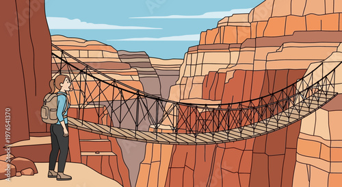 Adventurous hiker stands before a precarious suspension bridge.