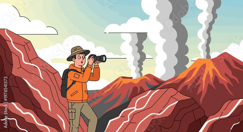 Adventurous explorer photographs active volcano eruption.