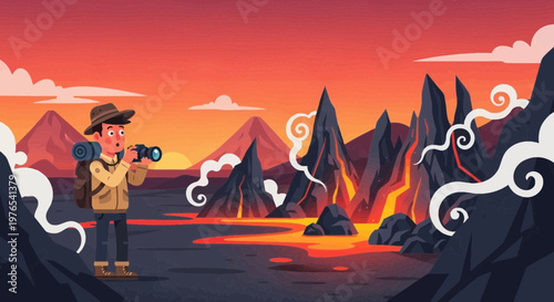 Adventurous man with camera exploring volcanic landscape.