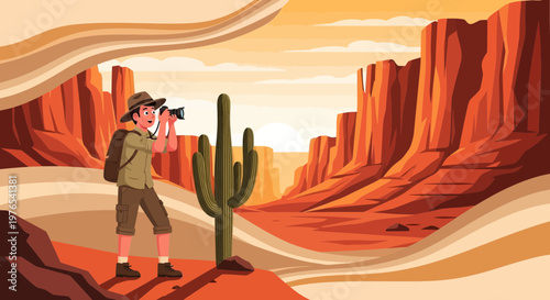 Adventurous Tourist Capturing Desert Scenery with Camera.