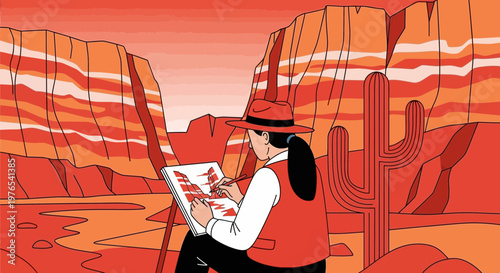 Artist painting desert landscape on easel outdoors.