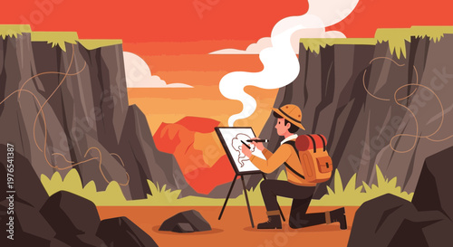 Artist painting a landscape in a canyon.