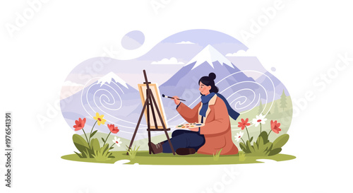 Artist painting a mountain landscape outdoors.