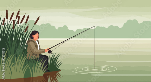 Person fishing by the lake with reeds.