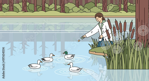 Person feeding ducks by the water reeds.