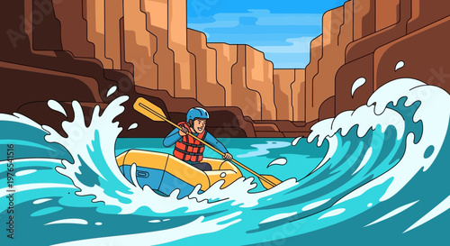 Person navigating whitewater rapids in a raft.