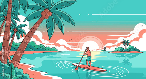 Person paddleboarding on calm ocean water during sunset.