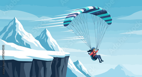 Person paragliding over snowy mountains with colorful parachute.