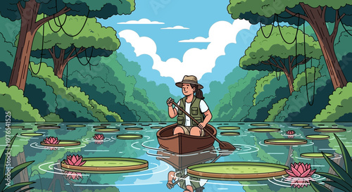 Person paddling a canoe through a serene jungle river.