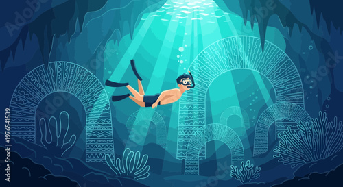 Person snorkeling in clear blue ocean water exploring underwater cave.