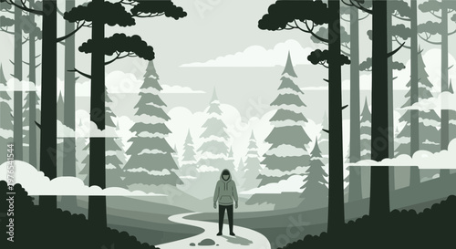 Person standing alone in a snowy forest path.