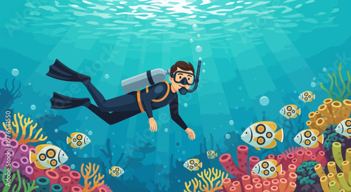 Scuba diver exploring vibrant coral reef underwater scene.