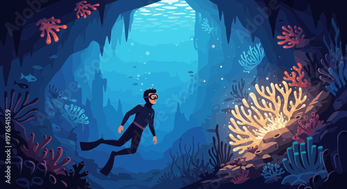 Scuba Diver Exploring Vibrant Underwater Coral Reef.