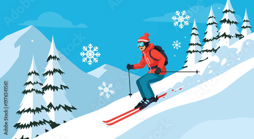 Skier in action on a snowy mountain slope.