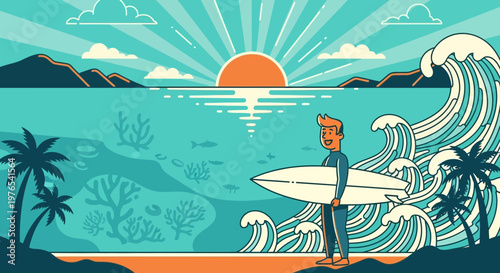 Surfer Standing With Surfboard Ready for Waves.