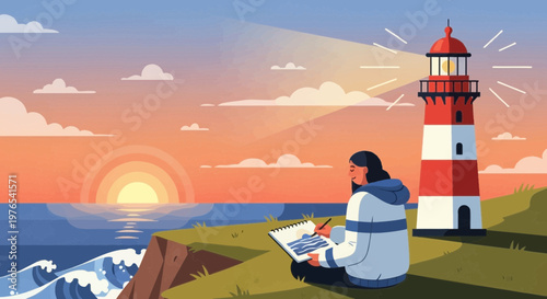 Woman artist sketching lighthouse by the sea at sunset.