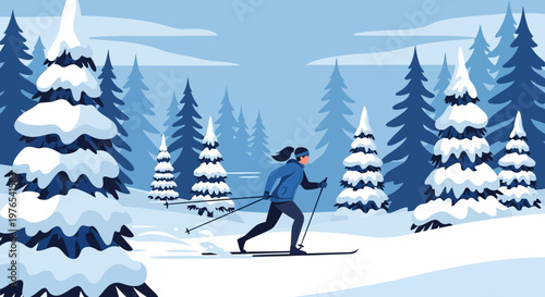 Woman cross country skiing through a snowy forest.