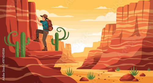 Woman climbing desert rock with backpack and hat.