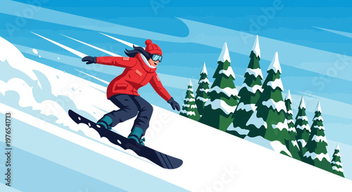 Woman snowboarding down a snowy mountain slope.