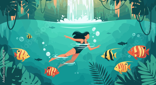 Woman swimming with tropical fish in clear blue water.