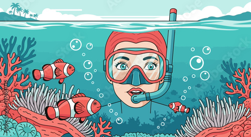 Woman wearing snorkeling mask underwater exploring coral reef.