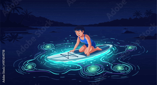 Young boy on surfboard with glowing digital interface.