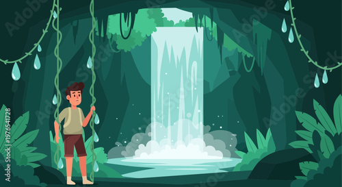 Young boy standing near a jungle waterfall.