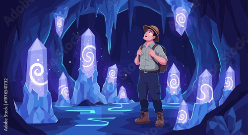 Young explorer in a mystical cave surrounded by glowing crystals.