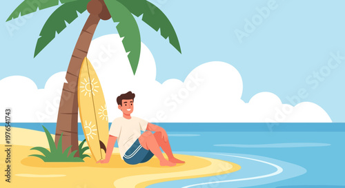 Young Man Relaxing Under Palm Tree with Surfboard on Beach.