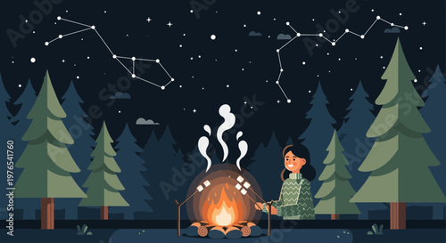 Young person enjoying a campfire under the stars.