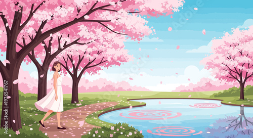 Young Woman Enjoying Cherry Blossom Season.