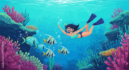 Young Woman Snorkeling Underwater Coral Reef Adventure 1.